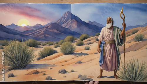 Watercolor of Moses at Burning Bush photo