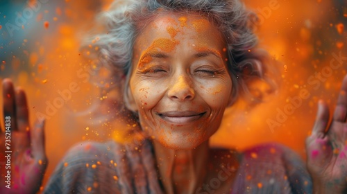 Portrait old woman with grey short hair surrounded by explosion of holi dust colors. Generative AI.