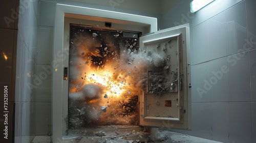 Shot of a safe door bursts open wall during attempted crack, Money safe explodes. Generative AI.