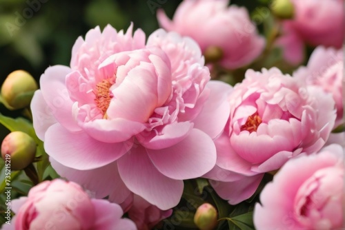 Intricate layers of peony blooms  showcasing their delicate beauty and soft colors in a summer background texture