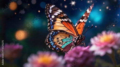 Beautiful butterfly delicately resting on a flower, with a backdrop of a fantastic starry sky © AS Company