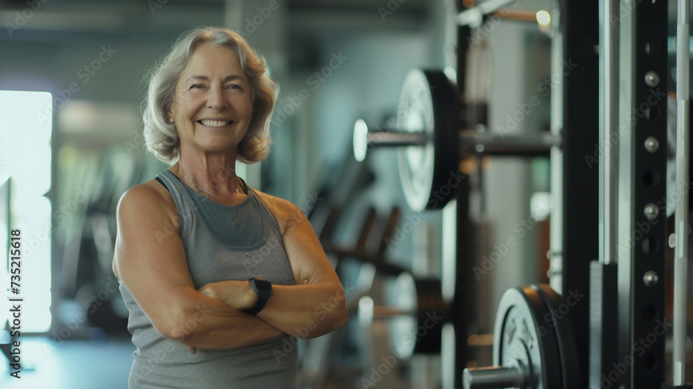 Obraz premium Happy healthy elderly woman at gym , healthy life style