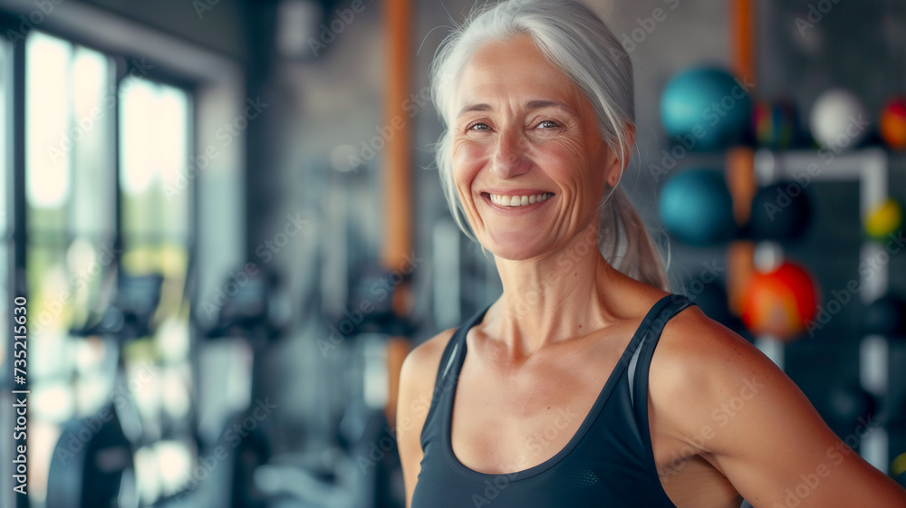 Fototapeta premium Happy healthy elderly woman at gym , healthy life style