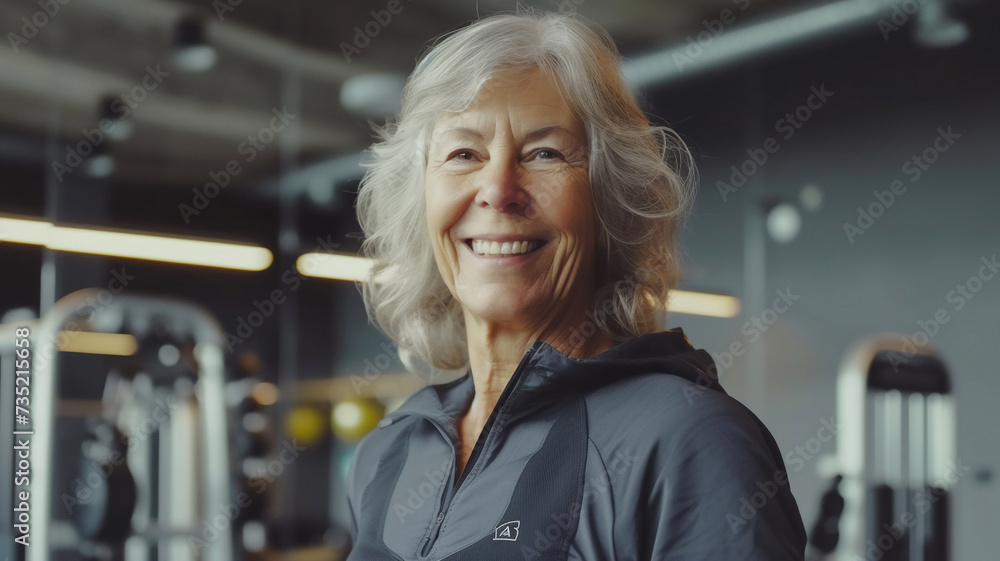Obraz premium Happy healthy elderly woman at gym , healthy life style