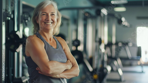 Happy healthy elderly woman at gym , healthy life style