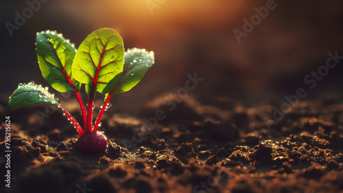 Young Plant Beet, Growing plant, dewdrop. Horizontal. Background with copy space. Banner