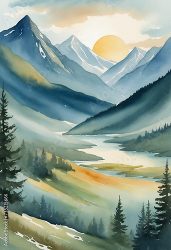 Scenic Watercolor Mountain Sunset View