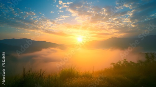 A Mountain Sunset with warm Sky and Clouds landscape wallpaper background. Generative AI