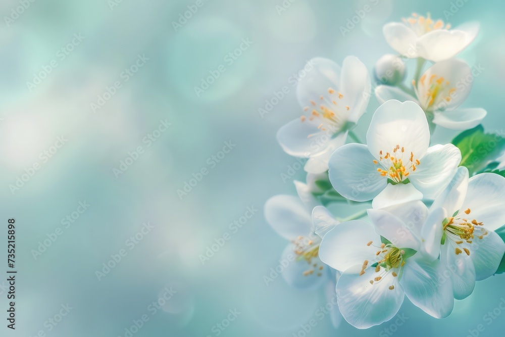 Spring summer white flowers abstract pastel green blue banner. Graphic resource and backdrop for design and advertisement. Copy space