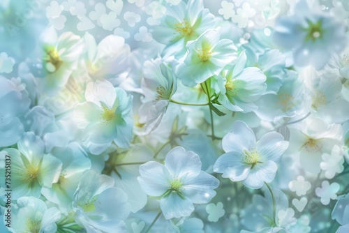 Spring summer white flowers abstract pastel green blue banner. Graphic resource and backdrop for design and advertisement.