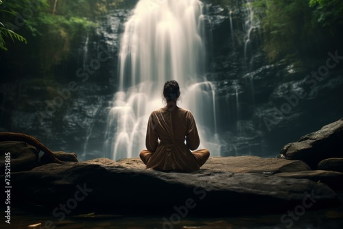 Focused Person meditation waterfall. Summer travel. Generate Ai