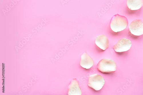 Rose petals on pastel pink background. Valentines Day or Wedding concept. Beautiful greeting card