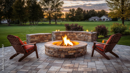 Stone patio round fire pit with chairs. Stylish, cosy backyard retreat for relaxing evenings with family and friends around the warm flame