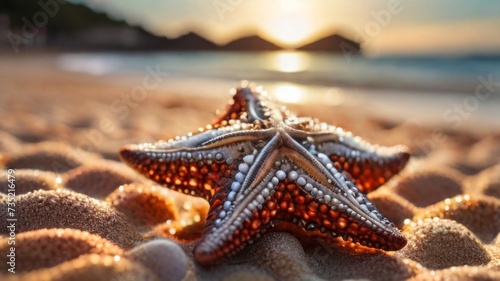 Starfish and shell bathed in the warm sunlight  surrounded by the calm sea water and sandy beach