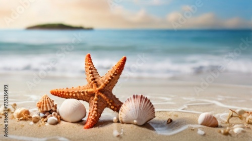 Starfish and shell bathed in the warm sunlight, surrounded by the calm sea water and sandy beach