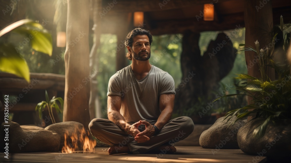 Man Meditating in Front of Fire