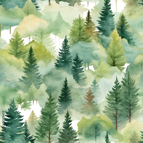 A seamless pattern of tree and forest wallpaper watercolor illustration design on white background. Generative AI