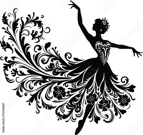 girl dancing, silhouette flowers ornament decoration, floral vector design.
