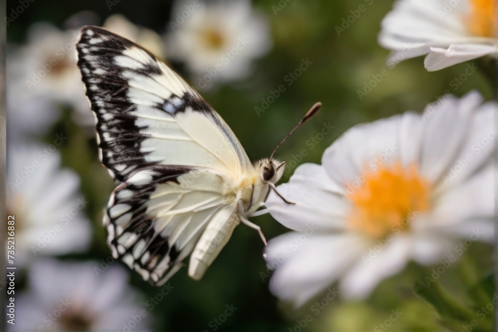 Frontal perspective showcasing the vibrant colors of butterfly as it sits elegantly on a flower Frontal perspective showcasing the vibrant colors of butterfly as it sits elegantly on a flower