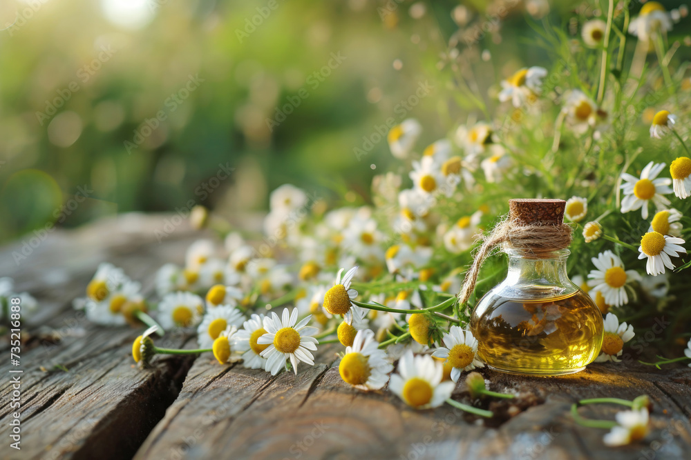 Chamomile Essential Oil in small glass bottle with fresh Flowers on wooden table with blurred Summer garden background with copy space. Beauty treatment, natural skin care and wellness concept Chamomile Essential Oil in small glass bottle with fresh Flowers on wooden table with blurred Summer garden background with copy space. Beauty treatment, natural skin care and wellness concept