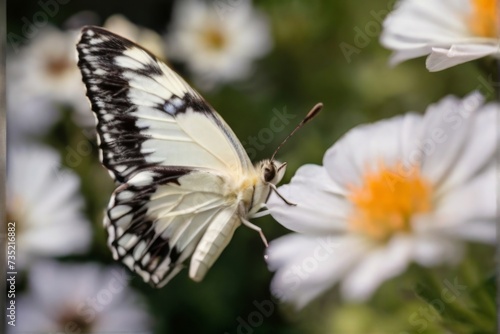 Frontal perspective showcasing the vibrant colors of butterfly as it sits elegantly on a flower © AS Company