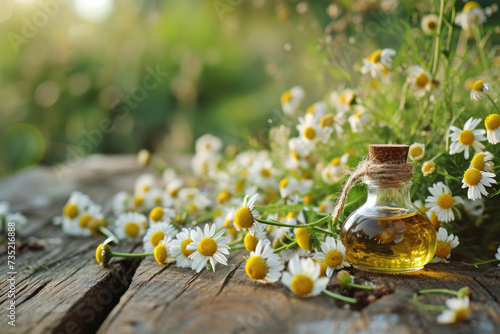 Chamomile Essential Oil in small glass bottle with fresh Flowers on wooden table with blurred Summer garden background with copy space. Beauty treatment, natural skin care and wellness concept