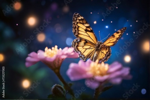 Beautiful butterfly delicately resting on a flower, with a backdrop of a fantastic starry sky