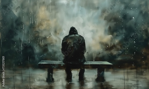 Depression and loneliness artistic representation of a backview of a person sitting on a bench on grey rainy day near lost and desoriented photo