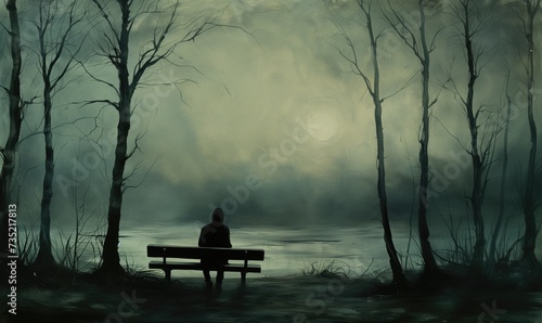 Depression and loneliness artistic representation of a backview of a person sitting on a bench on grey cold winter evening lost and desoriented