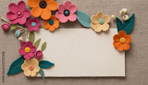 Handmade felt flowers and cardboard tag on canvas texture, with space for text