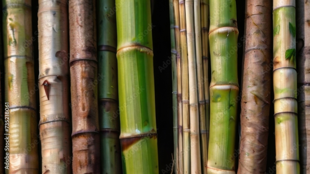 Texture of green bamboo stalks, showing the nodes and smooth surface
