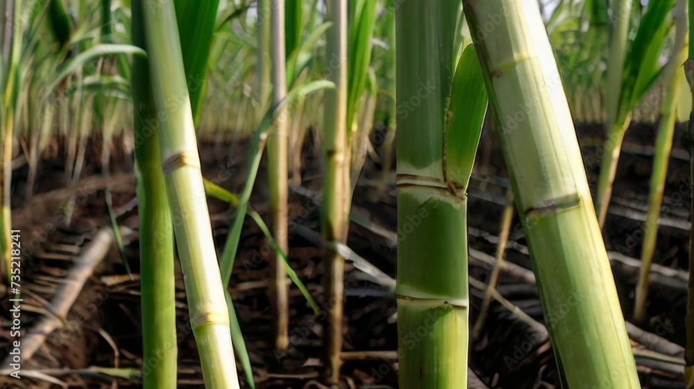 Obraz premium Close-up of young sugar cane plants, showing the tender green shoots