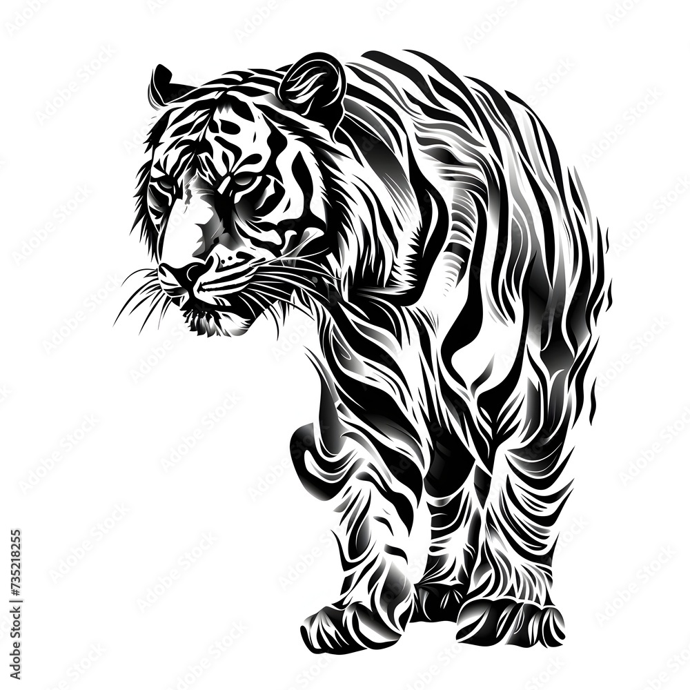 Obraz premium A tiger tattoo outline black and white illustration design on white background. Generative AI