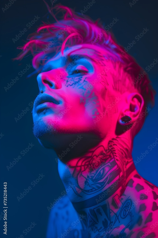 A man with tattoo illustration portrait neon light. Generative AI A man with tattoo illustration portrait neon light. Generative AI