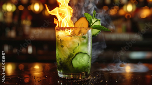 This isnt your average mojito – the Flaming Cucumber Mojito takes it to a whole new level. With a flaming cucumber garnish and a hint of mint its a refreshing and unexpected photo