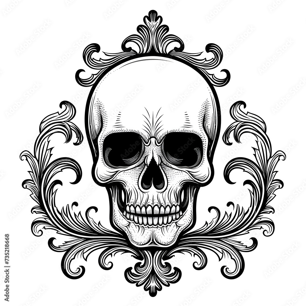 Fototapeta premium A skull tattoo outline black and white illustration design on white background. Generative AI