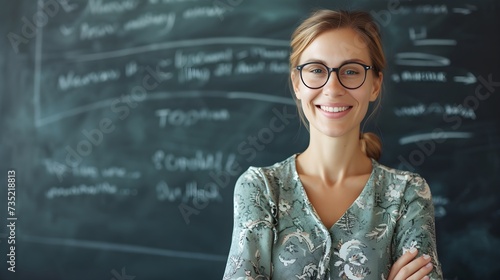 A woman teacher model portrait smile and stand in front of black board in the school. Generative AI