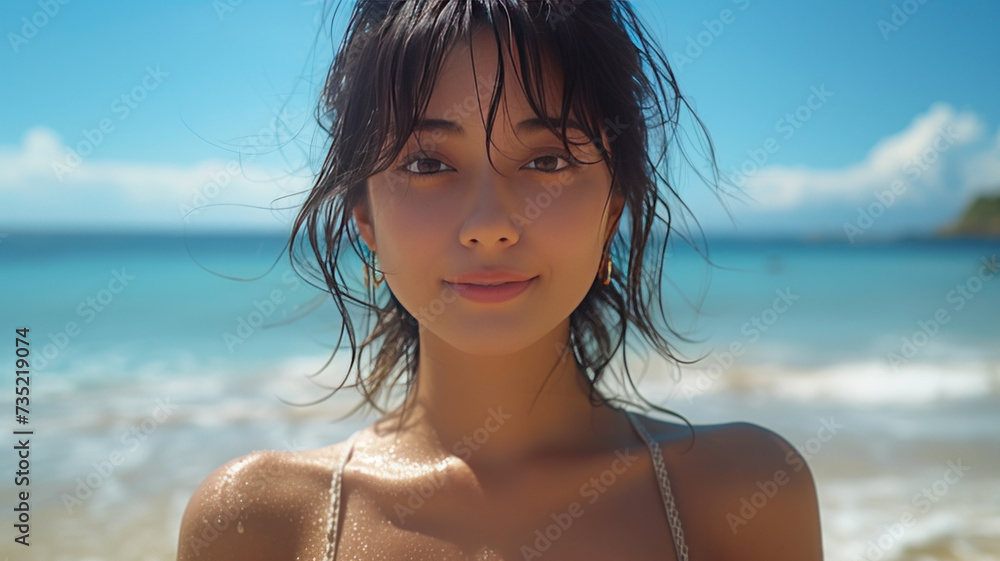 teenage asian woman Posing for a beautiful beach photoshoot in a bikini,generative ai teenage asian woman Posing for a beautiful beach photoshoot in a bikini,generative ai