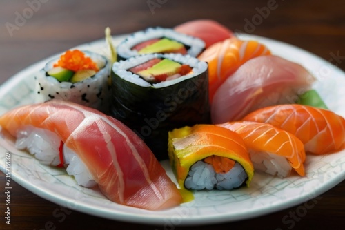 A platter of sushi and sashimi, including tuna and salmon