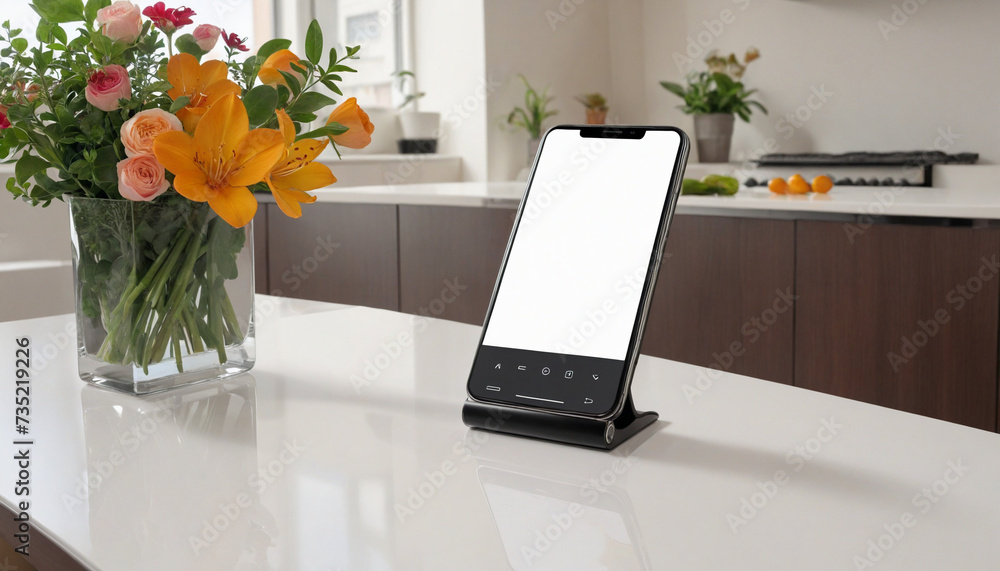 Smartphone mockup with blank screen on kitchen table Smartphone mockup with blank screen on kitchen table
