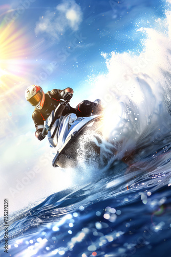 Racer on a water bike at speed, creating a wave, extreme sport, weckboarding.