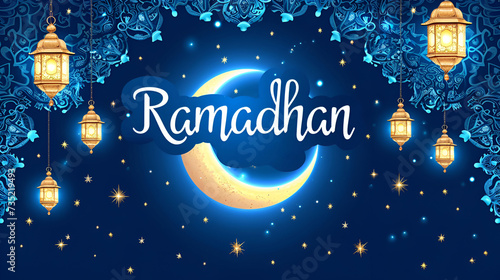 Ramadan wishes set against a blue background with Arabic lanterns and a moon