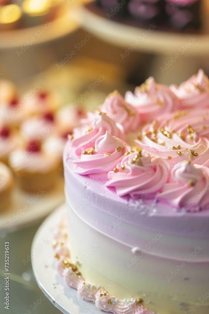 Delicious cake with pink and white frosting, surrounded by cupcakes and pastries
Delicious cake with pink and white frosting, surrounded by cupcakes and pastries