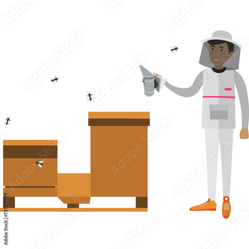 Beekeeper working in apiary vector icon isolated on white