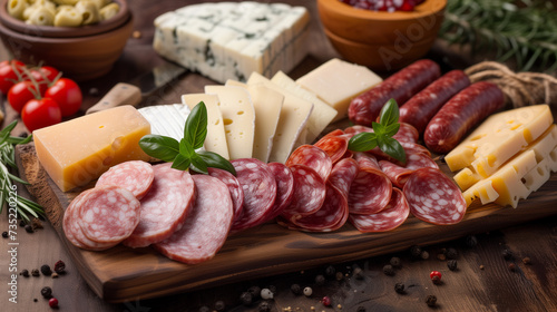 Board with sliced sausage and gourmet cheeses, real photo