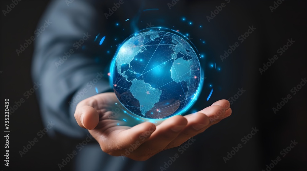 A business man hand hold the globe 3d hologram visual. Generative AI A business man hand hold the globe 3d hologram visual. Generative AI