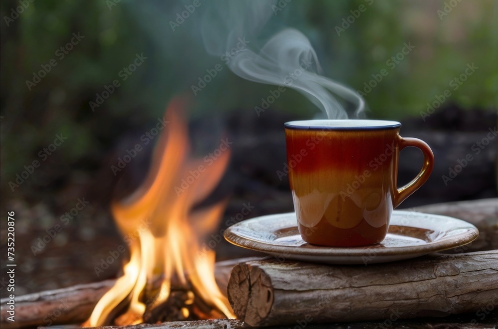 Cozy camping with a cup of coffee on log near a burning fire