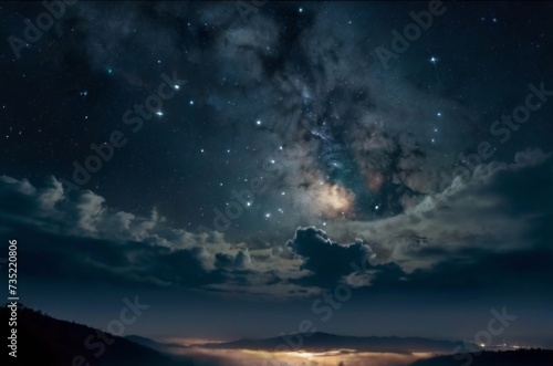 Moon and stars visible through a thin veil of clouds. Night sky background © AS Company