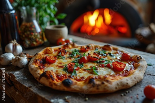 Diavola Pizza in the oven. Pizza on a wooden board. Restaurant. Diavola. Cheese Pull. Diavola Pizza on a Background with copyspace.