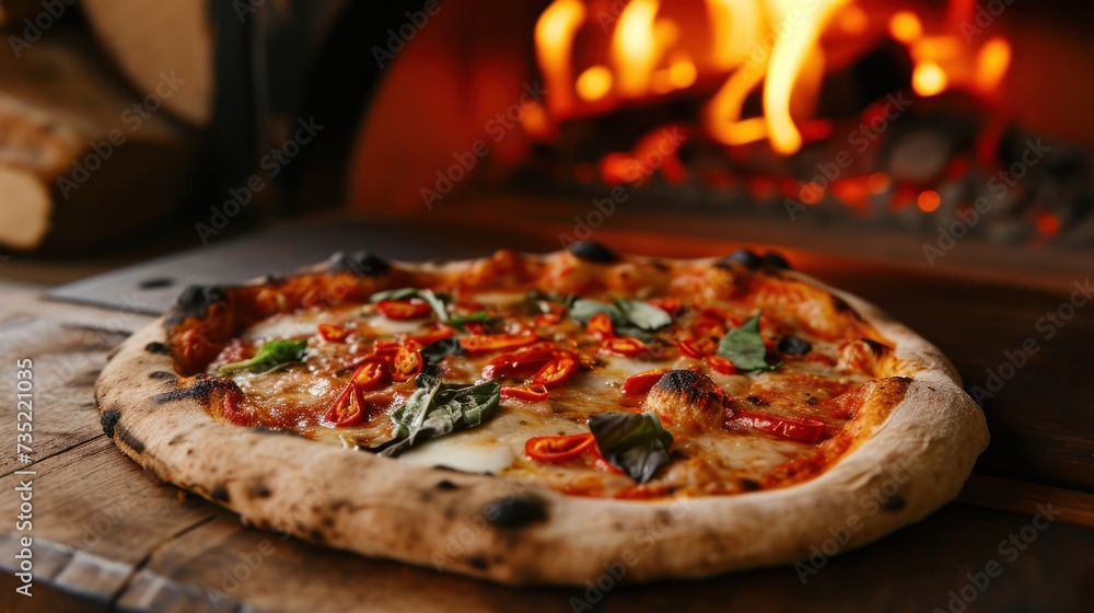 Pizza on a wooden table in front of a burning fireplace. Diavola. Cheese Pull. Diavola Pizza on a Background with copyspace.